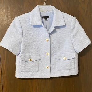 Ann Taylor Pale Blue Tweed Short Sleeve Jacket with Gold Buttons